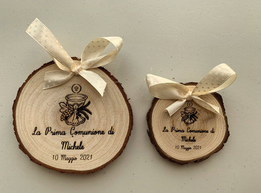 WOODEN log for FIRST COMMUNION customizable wedding favor diameter 10 cm