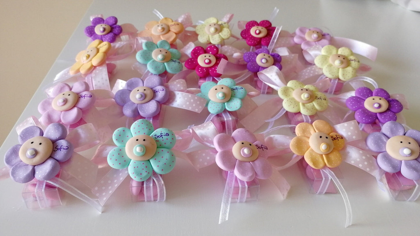 Birth and Baptism Favors Large Flowers Fimo Magnets with Personalized Name in various colors Pink/Lilac/Wisteria/Yellow/Tiffany/Peach
