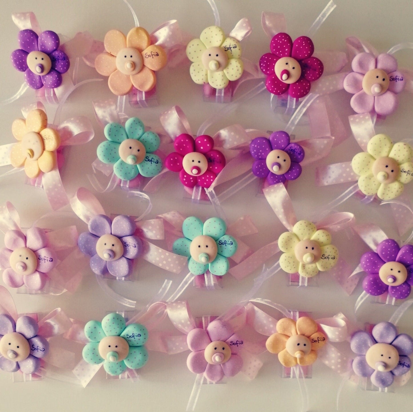 Birth and Baptism Favors Large Flowers Fimo Magnets with Personalized Name in various colors Pink/Lilac/Wisteria/Yellow/Tiffany/Peach