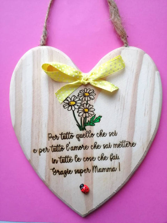 Festa della mamma cuore in legno personalizzato inciso mother's day 18cm x 12cm