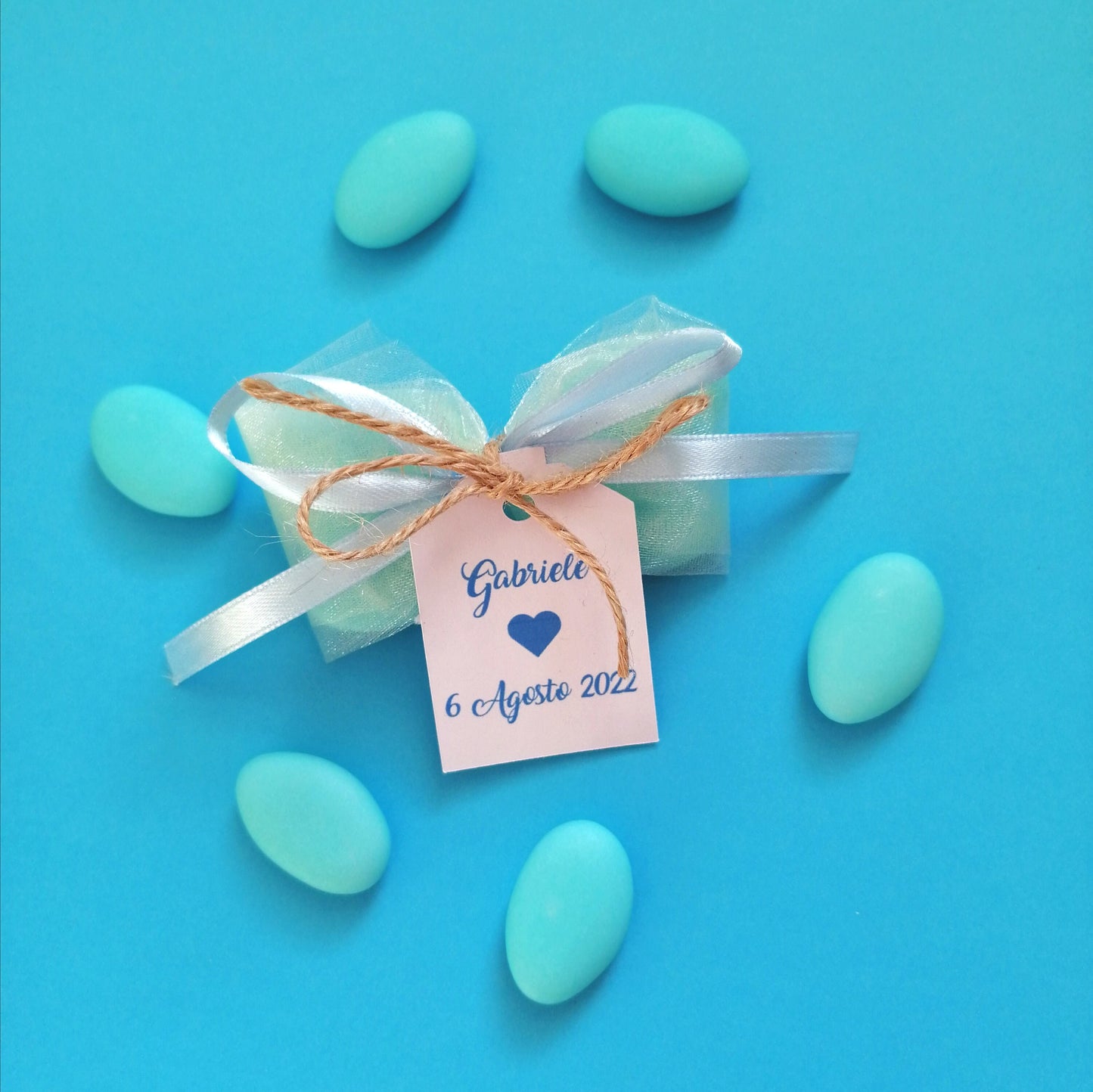 1 tulle sweets bag with customizable baby tag for birth and baptism, light blue sweets