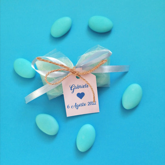 1 tulle sweets bag with customizable baby tag for birth and baptism, light blue sweets
