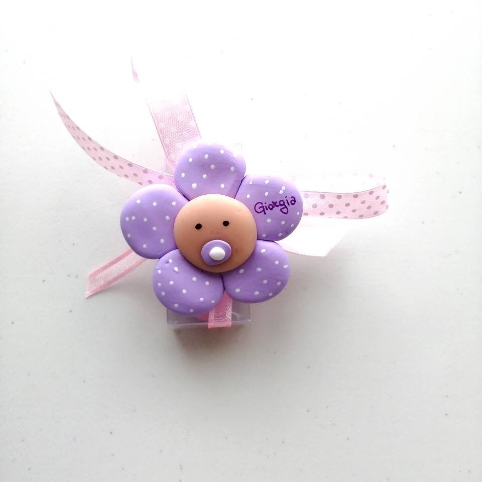 Birth and Baptism Favors Large Flowers Fimo Magnets with Personalized Name in various colors Pink/Lilac/Wisteria/Yellow/Tiffany/Peach
