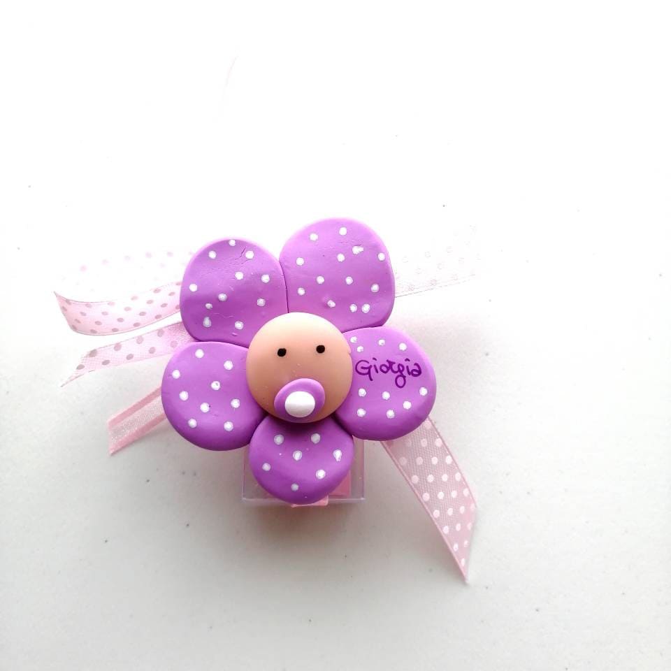 Birth and Baptism Favors Large Flowers Fimo Magnets with Personalized Name in various colors Pink/Lilac/Wisteria/Yellow/Tiffany/Peach