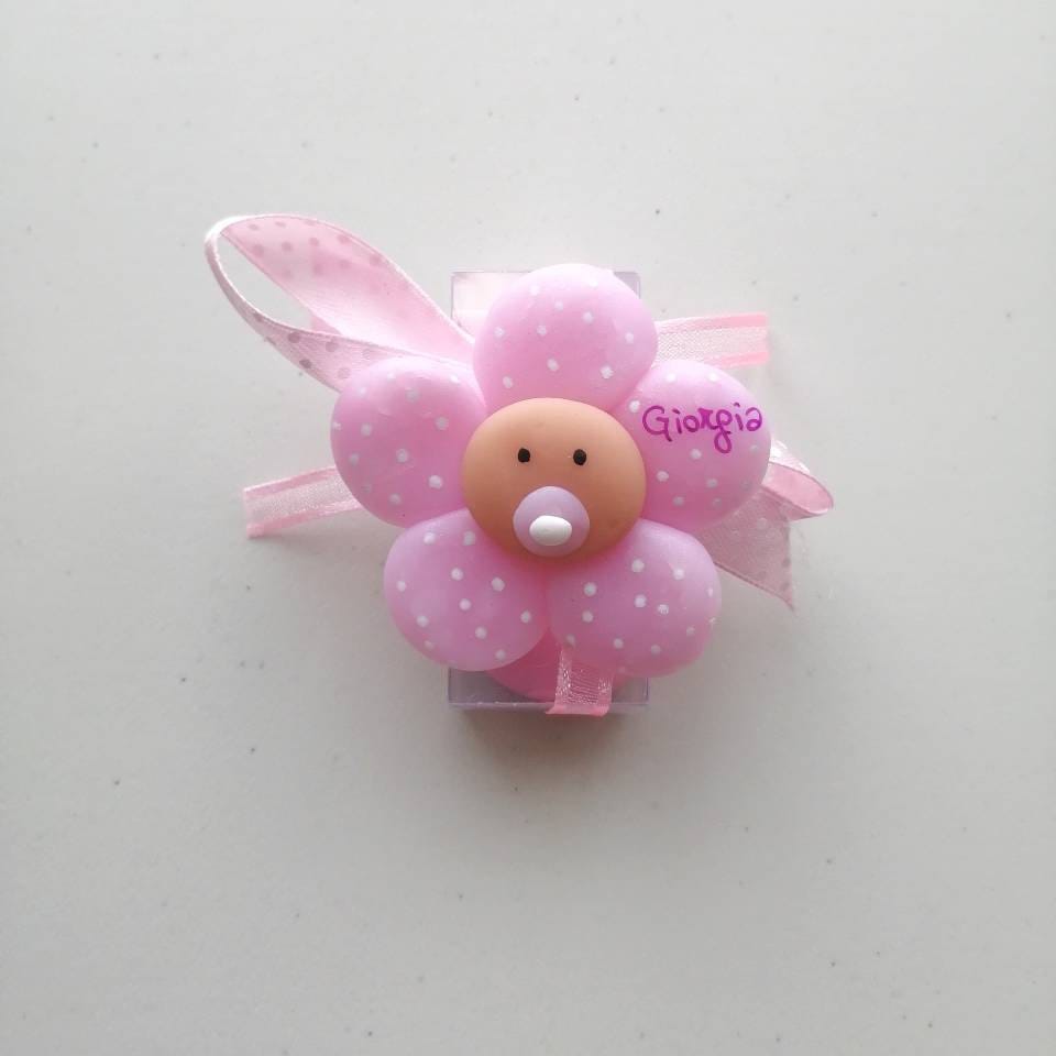 Birth and Baptism Favors Large Flowers Fimo Magnets with Personalized Name in various colors Pink/Lilac/Wisteria/Yellow/Tiffany/Peach