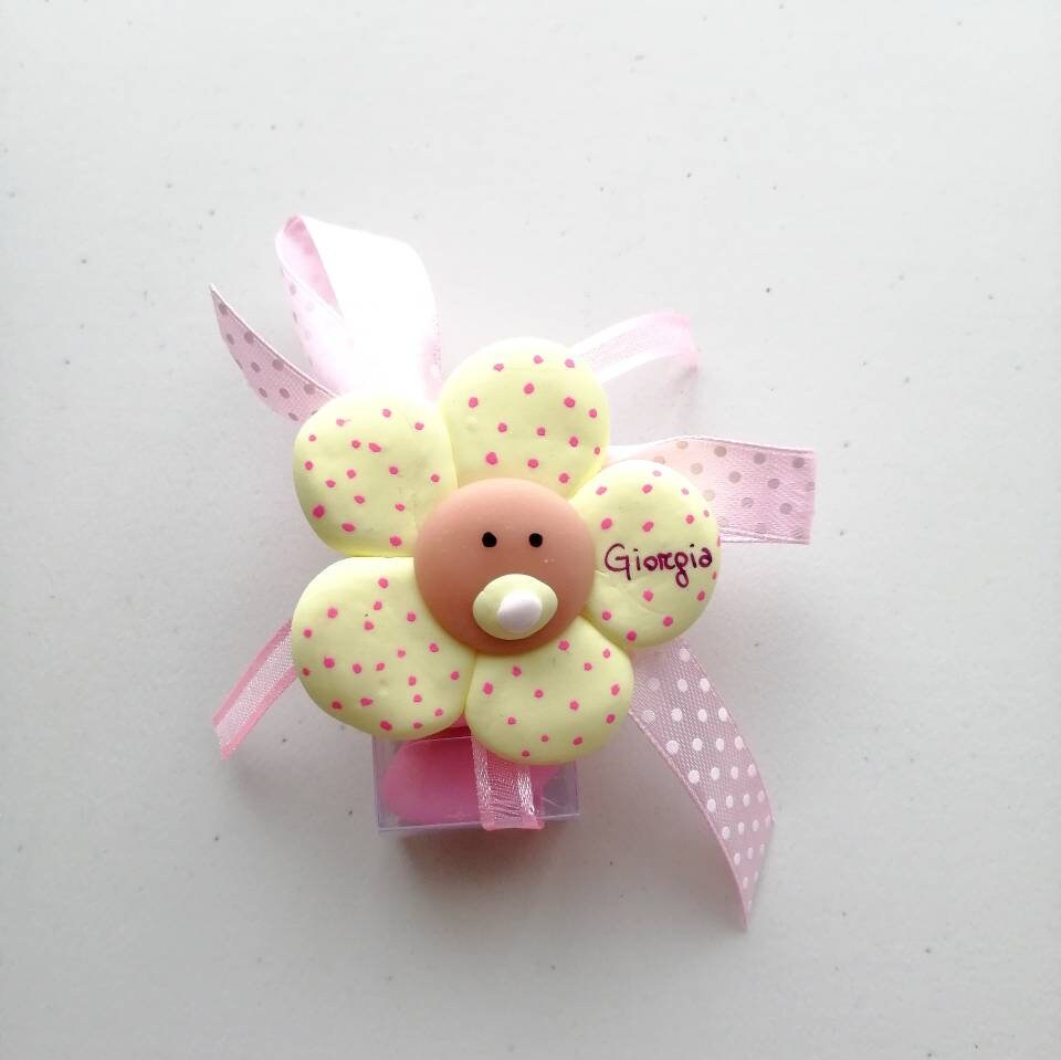 Birth and Baptism Favors Large Flowers Fimo Magnets with Personalized Name in various colors Pink/Lilac/Wisteria/Yellow/Tiffany/Peach