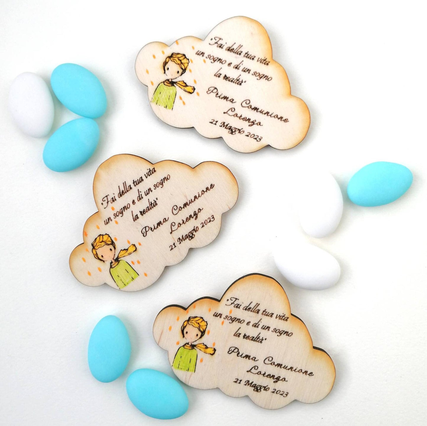 Personalized Little Prince wooden magnet for First Communion, Birth, Baptism + light blue confetti bag