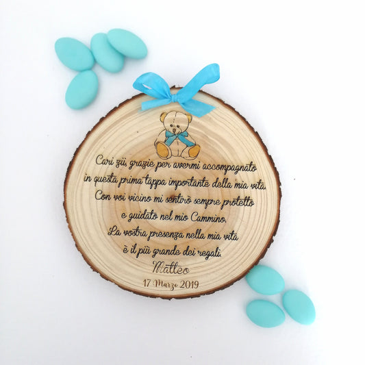 Wedding favor for Godmother/Godfather Baptism wooden log with teddy bear with dedication phrase personalized engraving diameter 15cm gift idea