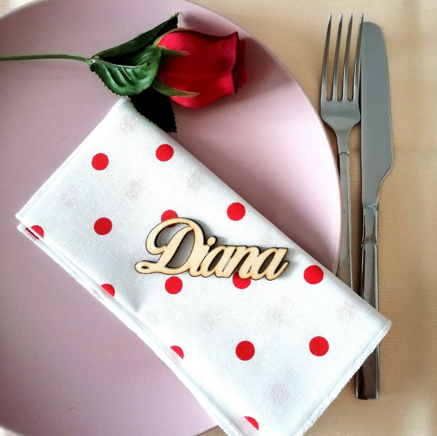 Elegant wooden name placeholder for wedding, communion, baptism, birthday, 18 years, events, table, tableau