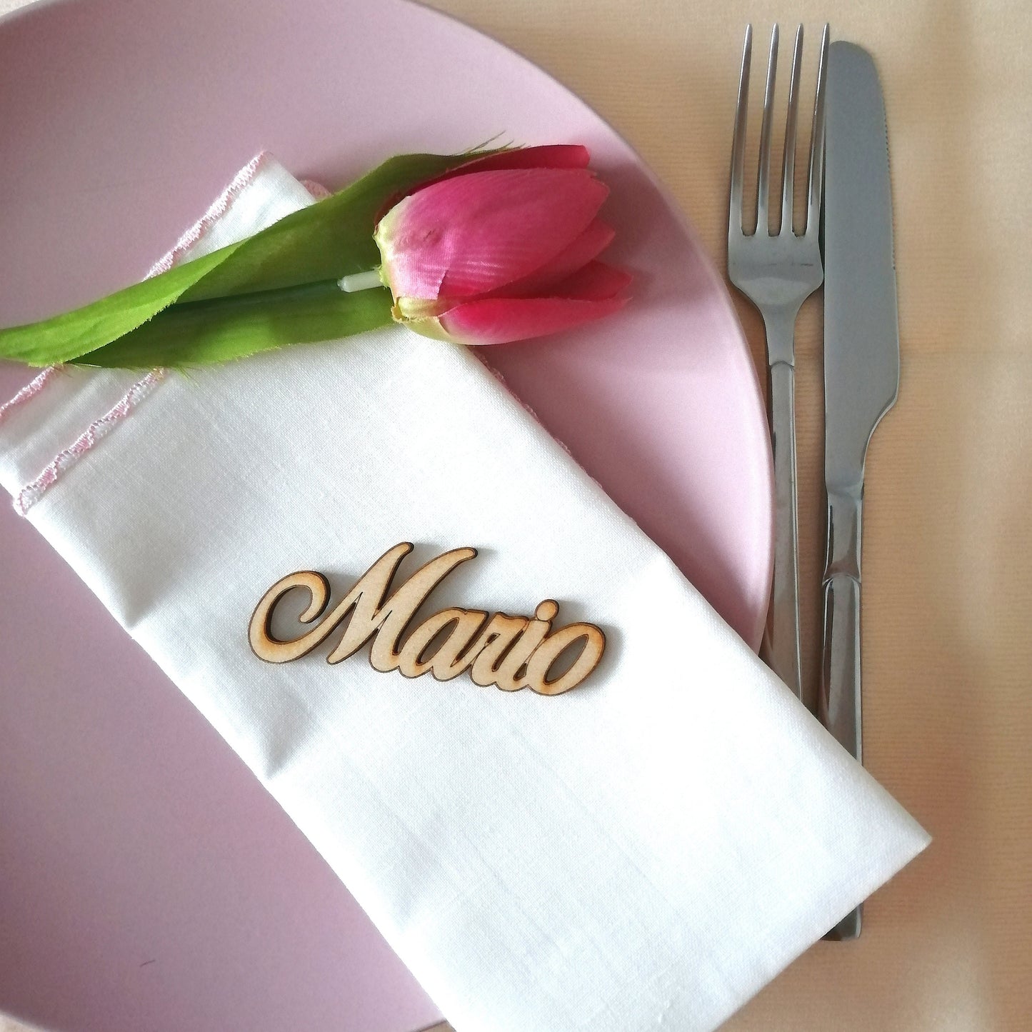Elegant wooden name placeholder for wedding, communion, baptism, birthday, 18 years, events, table, tableau