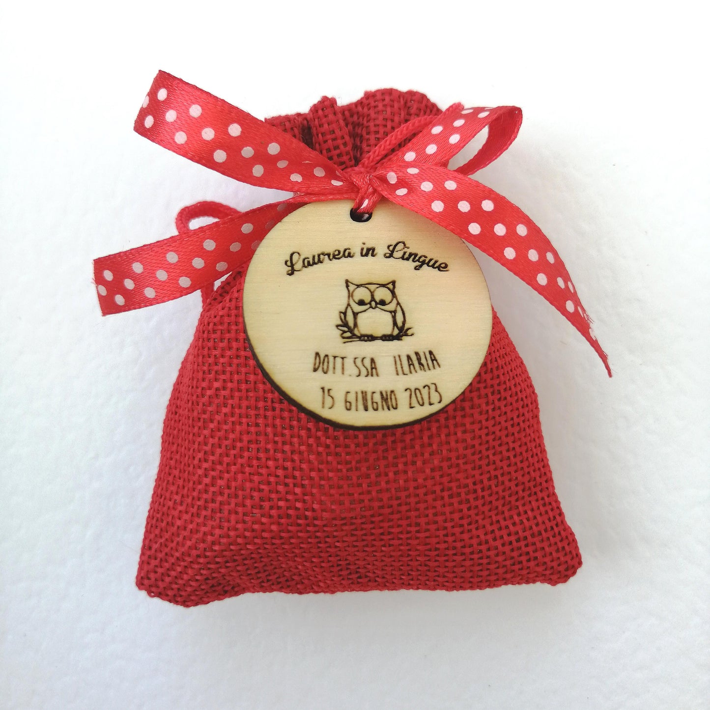 Sacchetto portaconfetti per LAUREA con targhetta in legno incisione personalizzata fatto a mano