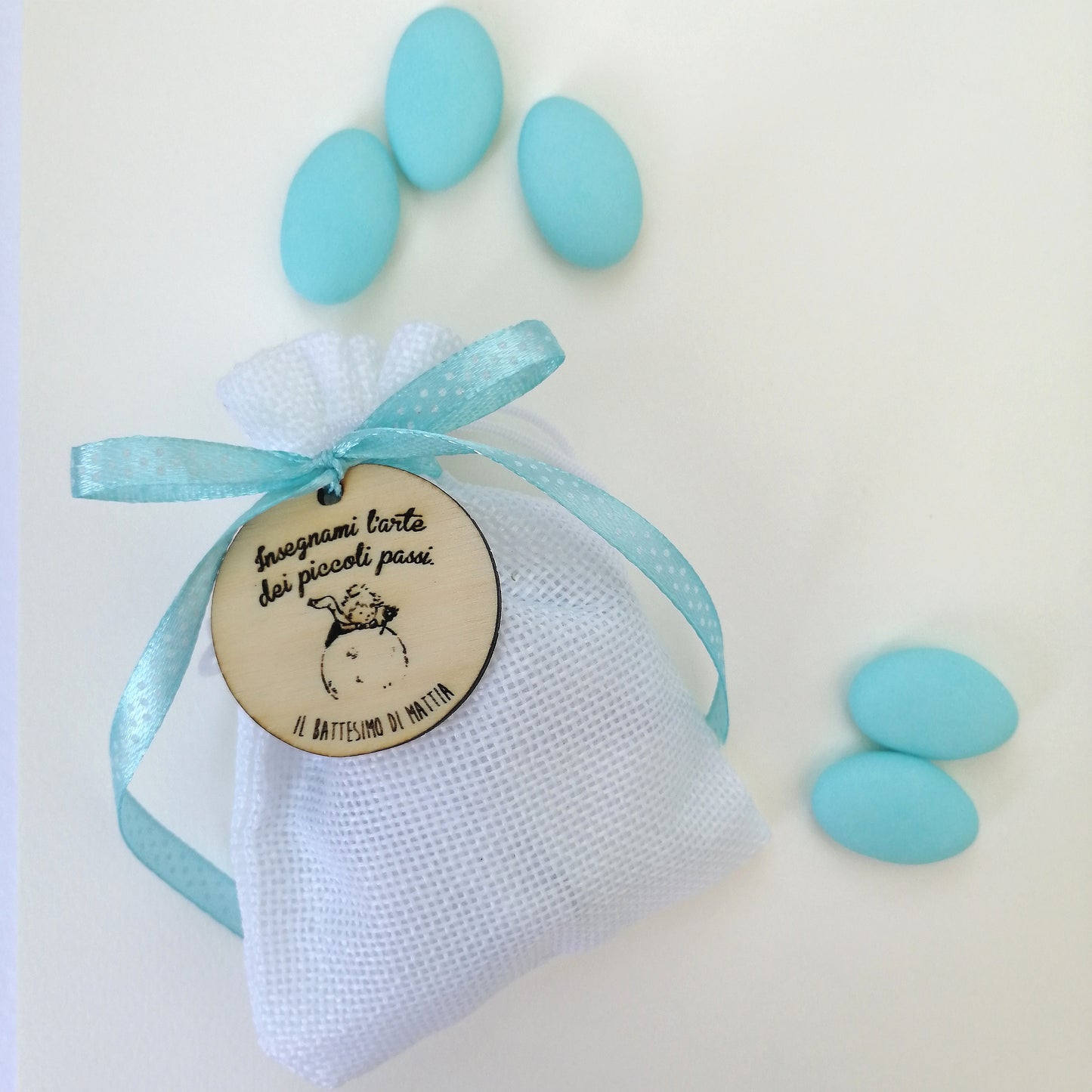 Confetti bag for Birth and Baptism with personalized wooden tag, handcrafted Little Prince favor