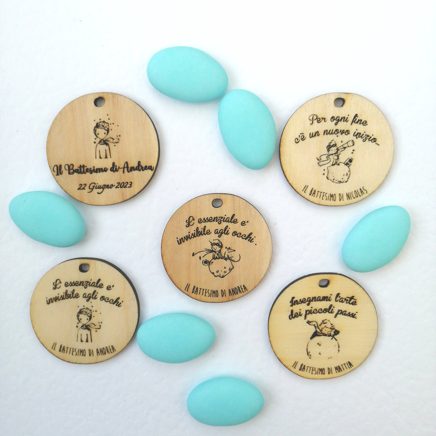 Confetti bag for Birth and Baptism with personalized wooden tag, handcrafted Little Prince favor