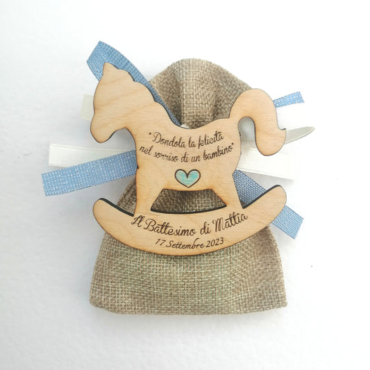 Wooden rocking horse magnet with personalized engraving for birth and baptism favors