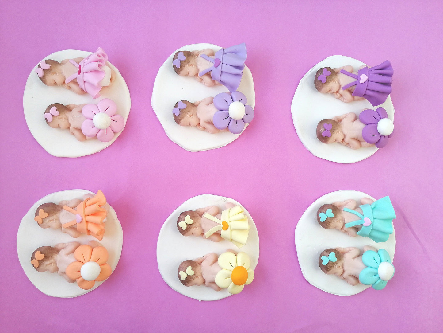 Birth and Baptism favor for colored twin girls in fimo with white base 10cm x 10cm with handmade personalized name