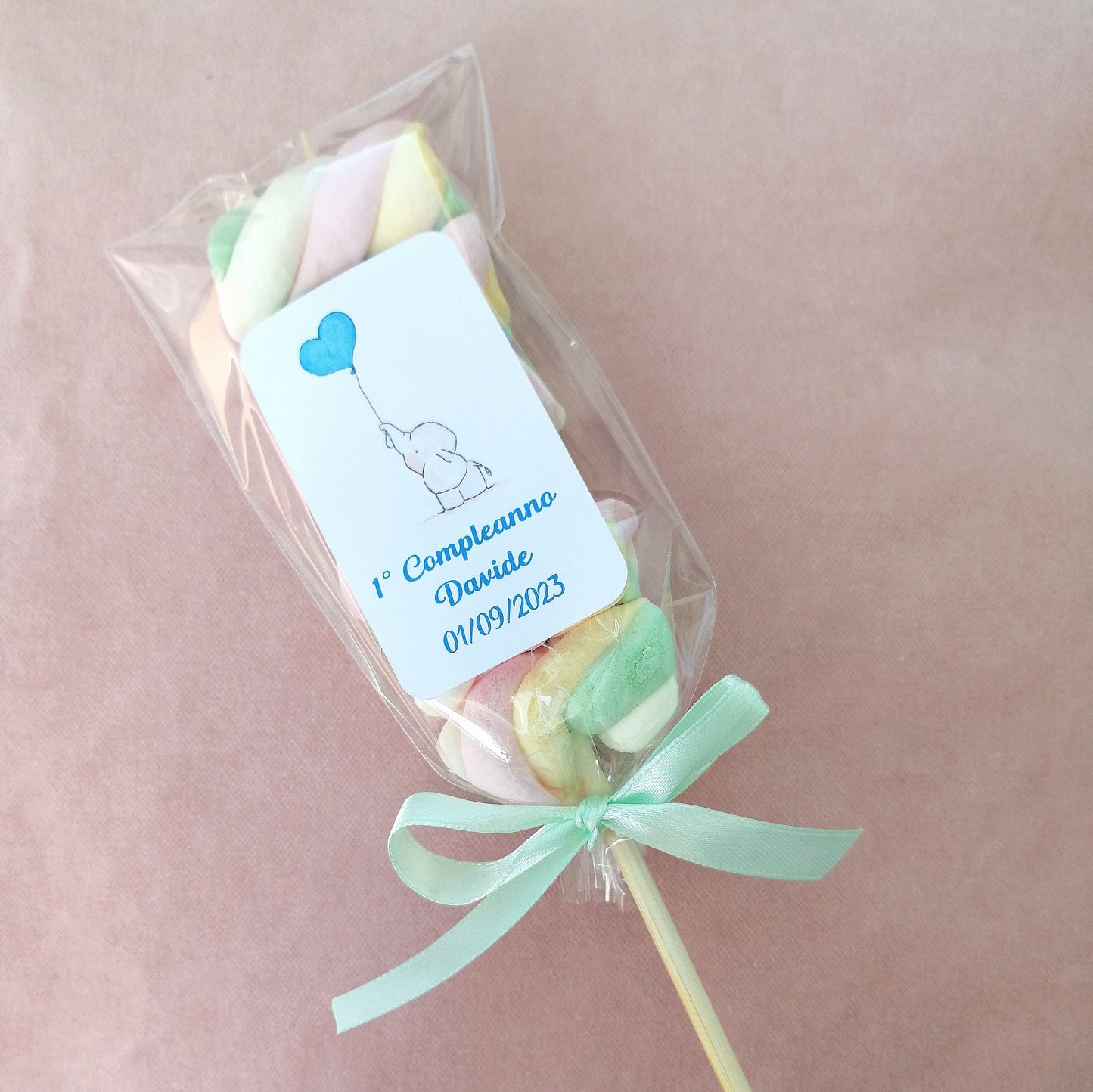 Spiedini Marshmallow con etichetta personalizzato ideale per Nascita Battesimo Comunione Cresima Compleanno