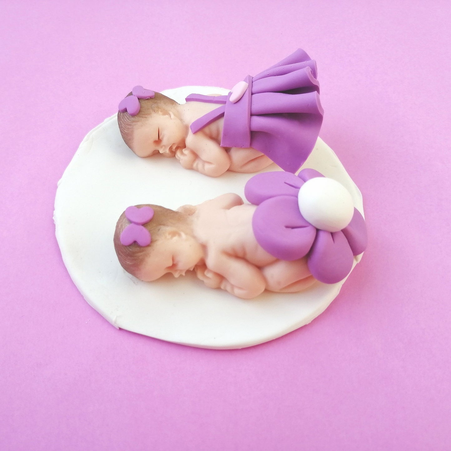 Birth and Baptism favor for colored twin girls in fimo with white base 10cm x 10cm with handmade personalized name