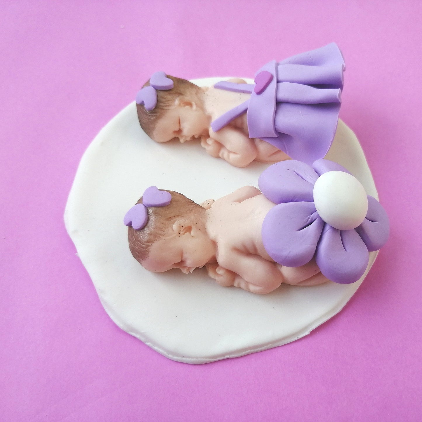 Birth and Baptism favor for colored twin girls in fimo with white base 10cm x 10cm with handmade personalized name