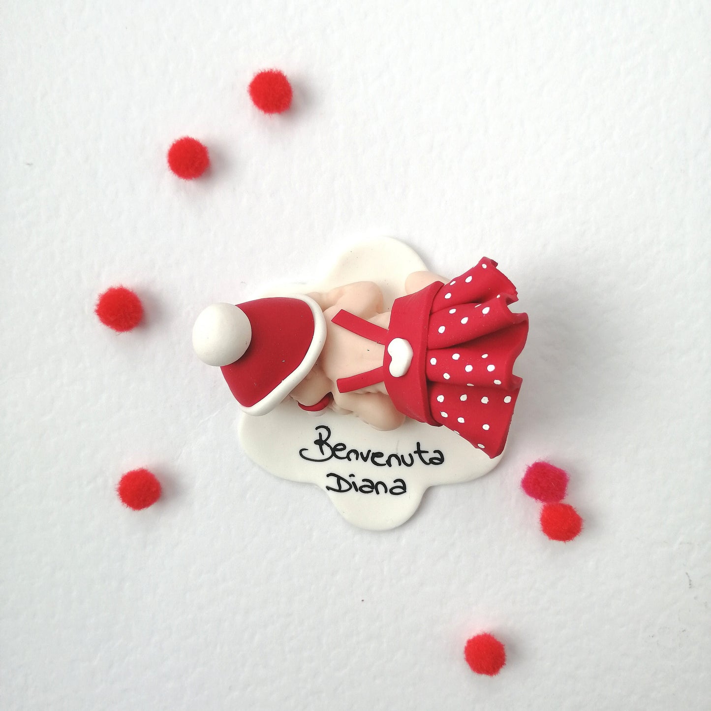 Baby girl in red fimo with polka dots and white base, personalized name, favors for birth, baptism, Christmas events
