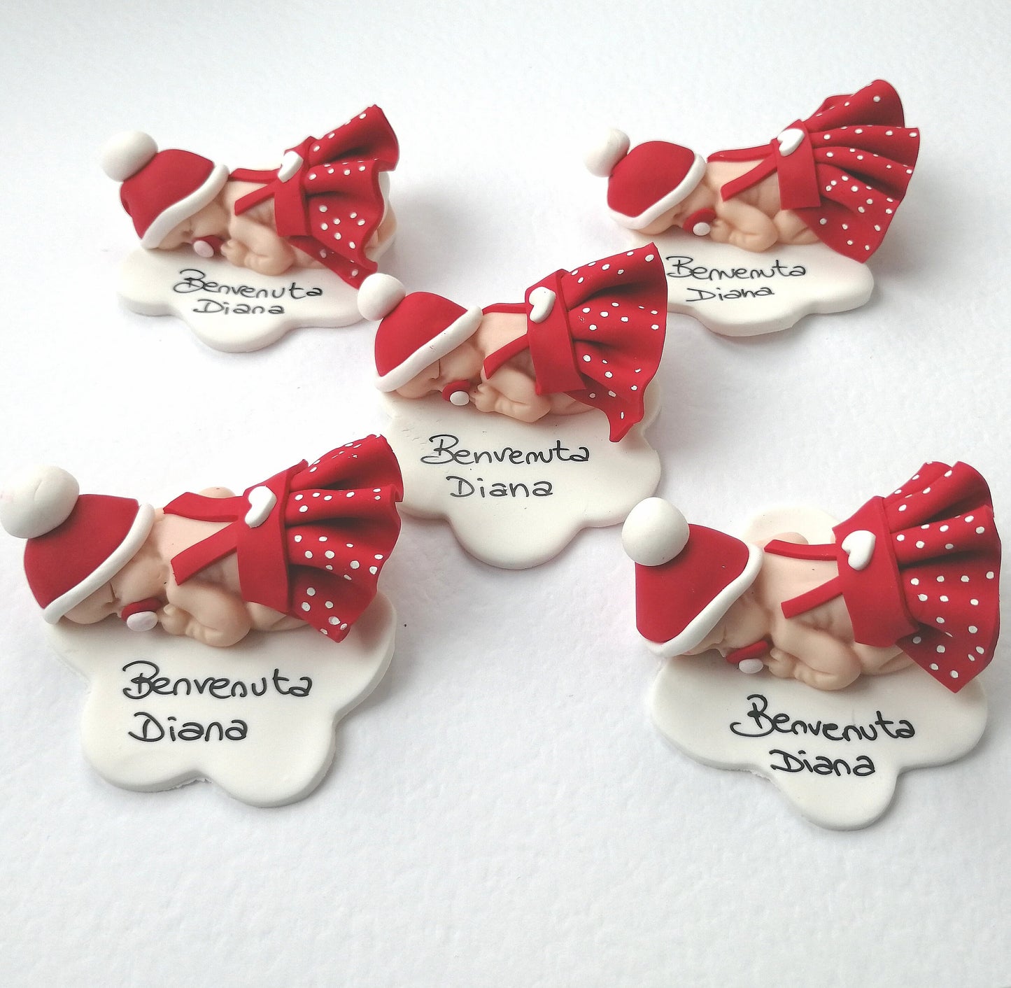 Baby girl in red fimo with polka dots and white base, personalized name, favors for birth, baptism, Christmas events