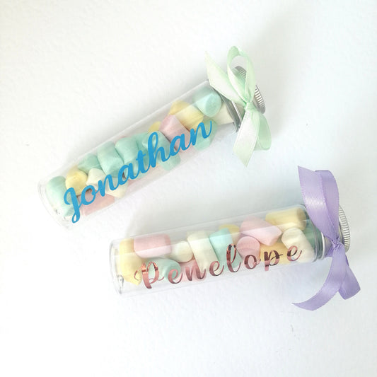 Portaconfetti in plexiglass con Marshmallow e nome personalizzato 12cm x 3cm Nascita Battesimo Comunione Cresima Compleanno