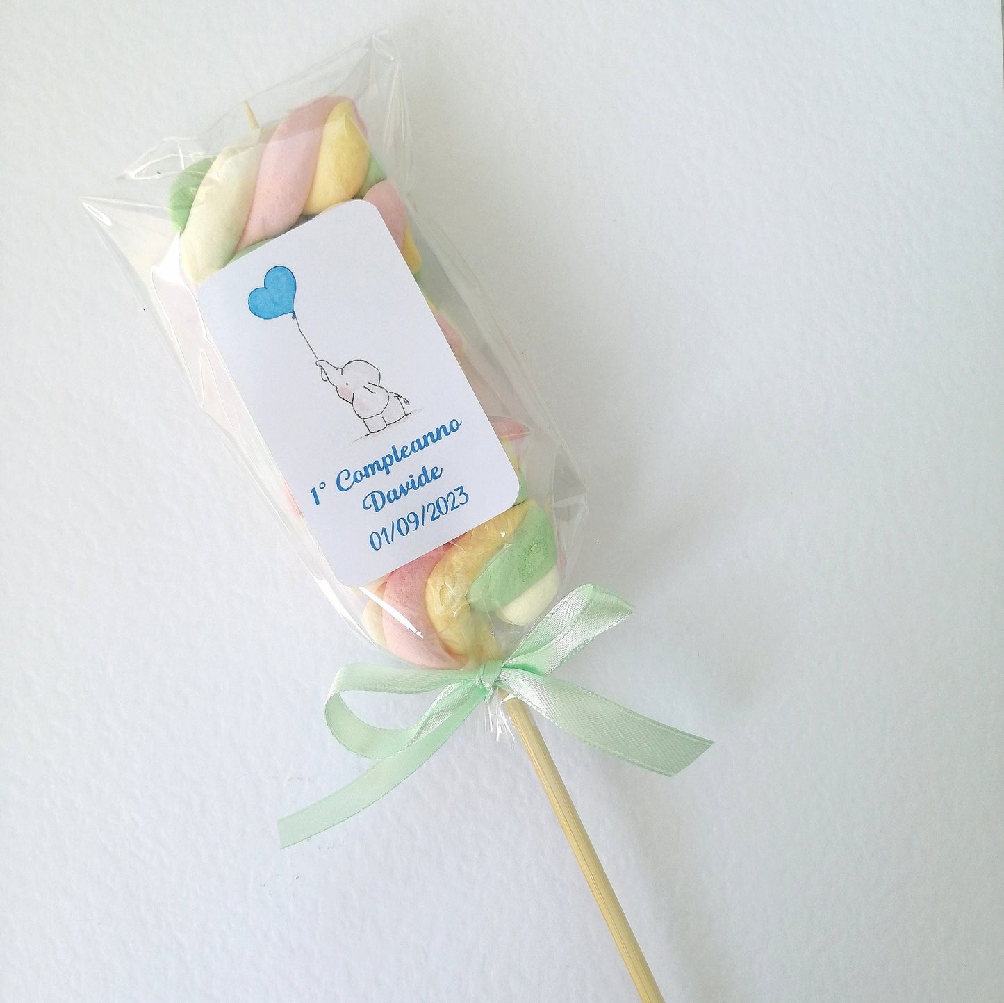Spiedini Marshmallow con etichetta personalizzato ideale per Nascita Battesimo Comunione Cresima Compleanno