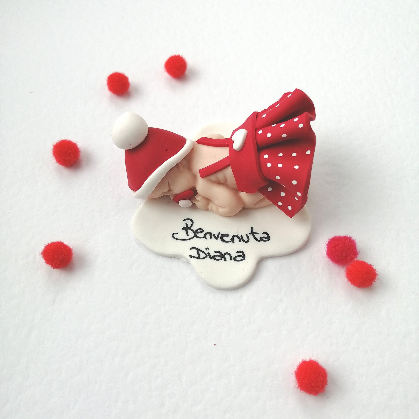 Baby girl in red fimo with polka dots and white base, personalized name, favors for birth, baptism, Christmas events