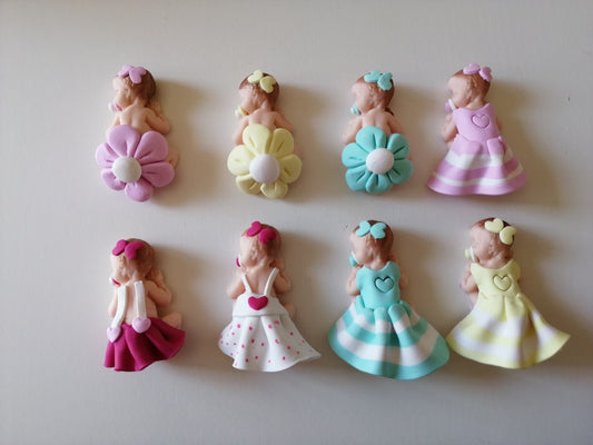 Birth and Baptism favors for girls with elegant dress in assorted pastel colours