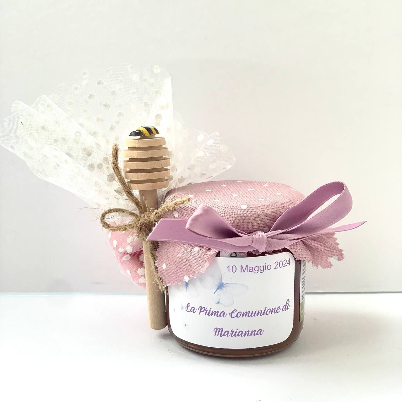 Faveur de première communion pour les filles. Pot de miel de fleurs sauvages artisanal 50g-140g-250g, étiquette personnalisable.