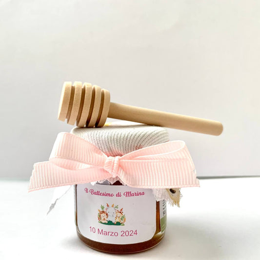 Faveur de baptême pour fille, pot de miel de fleurs sauvages artisanal 50g-140g-250g, étiquette personnalisable