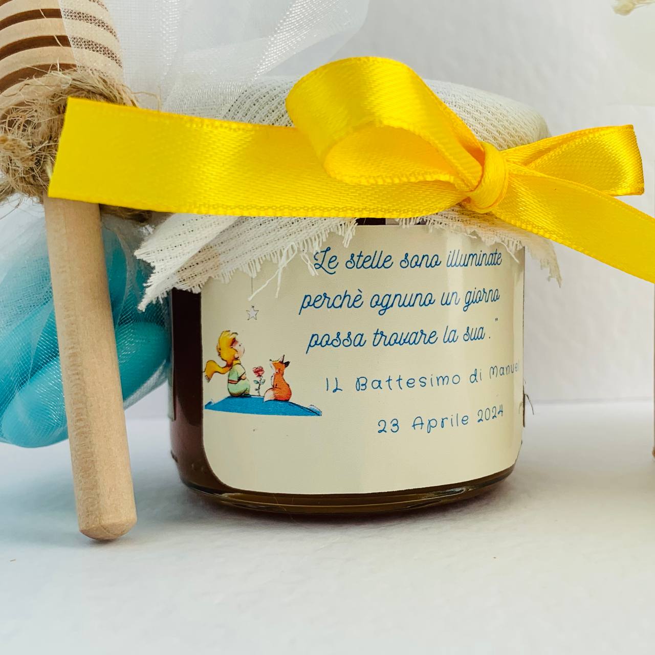 Bonbonnières Baptême Bébé PETIT PRINCE Pot de miel de fleurs sauvages artisanal 140gr - 250gr, étiquette jaune personnalisable