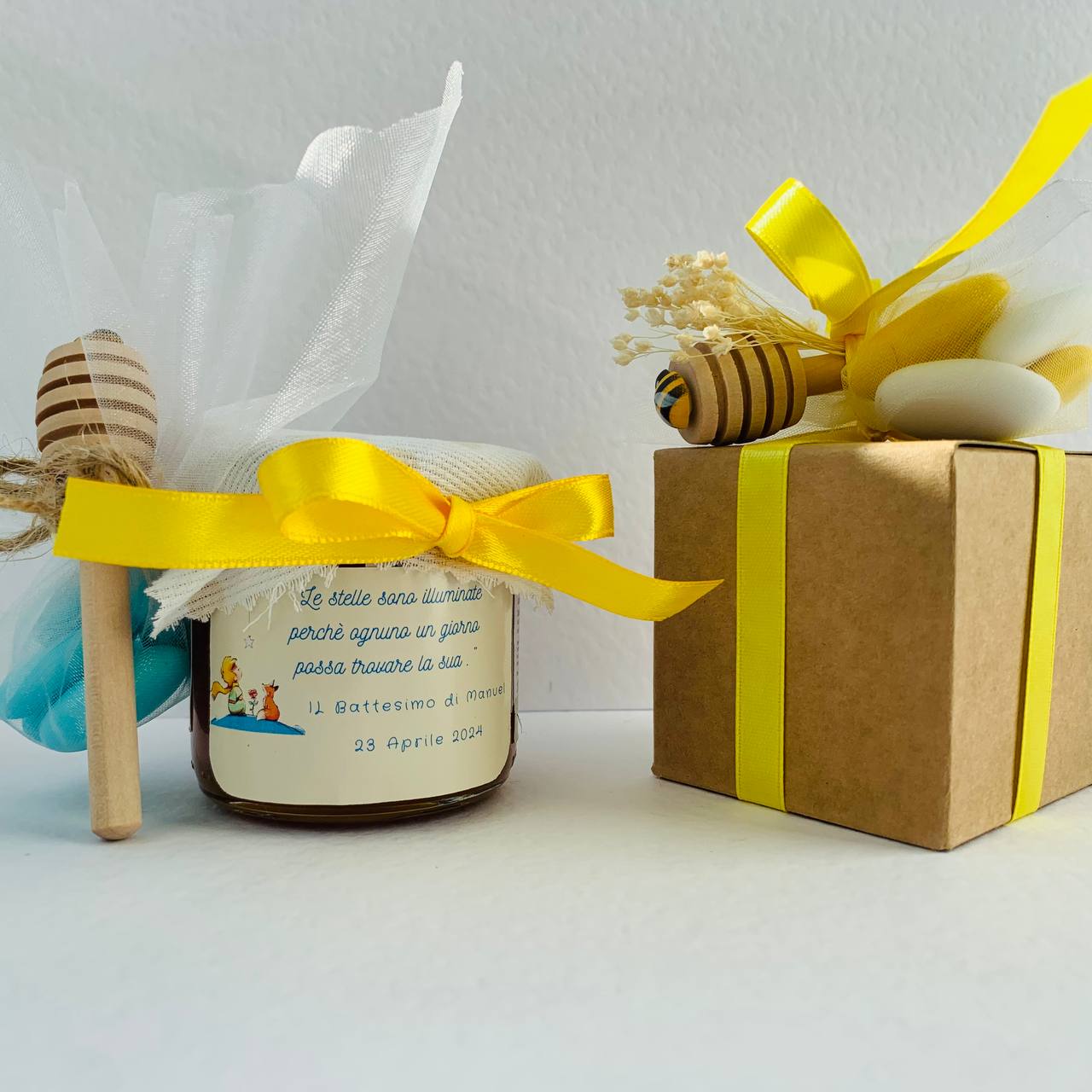 Baptism favors for baby boy LITTLE PRINCE Jar of artisanal wildflower honey 140gr- 250gr, customizable yellow label