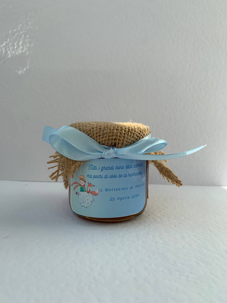 Bonbonnières Baptême Bébé PETIT PRINCE Pot de miel de fleurs sauvages artisanal 140gr - 250gr, étiquette personnalisable bleu clair