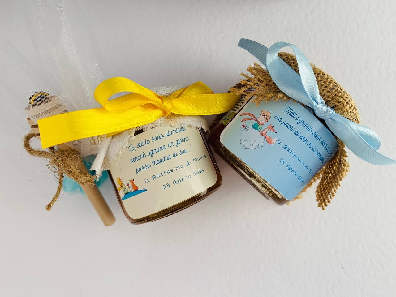 Baptism favors for baby boy LITTLE PRINCE Jar of artisanal wildflower honey 140gr- 250gr, customizable yellow label