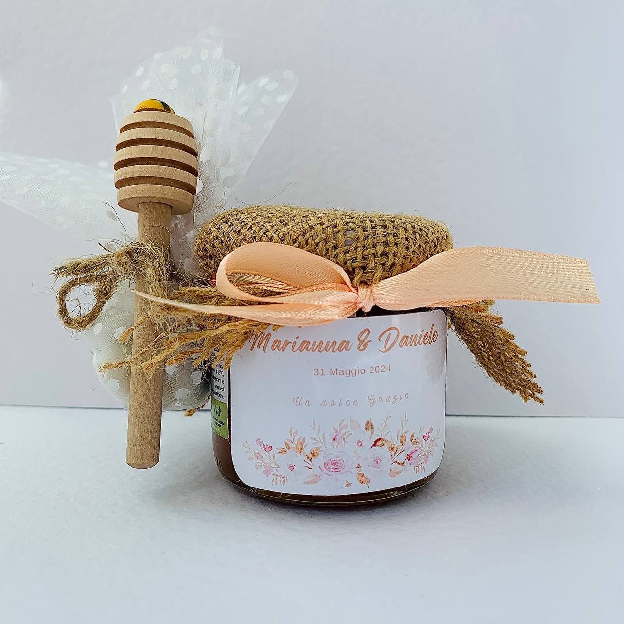 Cadeau de mariage petit pot de miel de fleurs sauvages artisanal 50g-140g-250g, couleur pêche, étiquette personnalisable