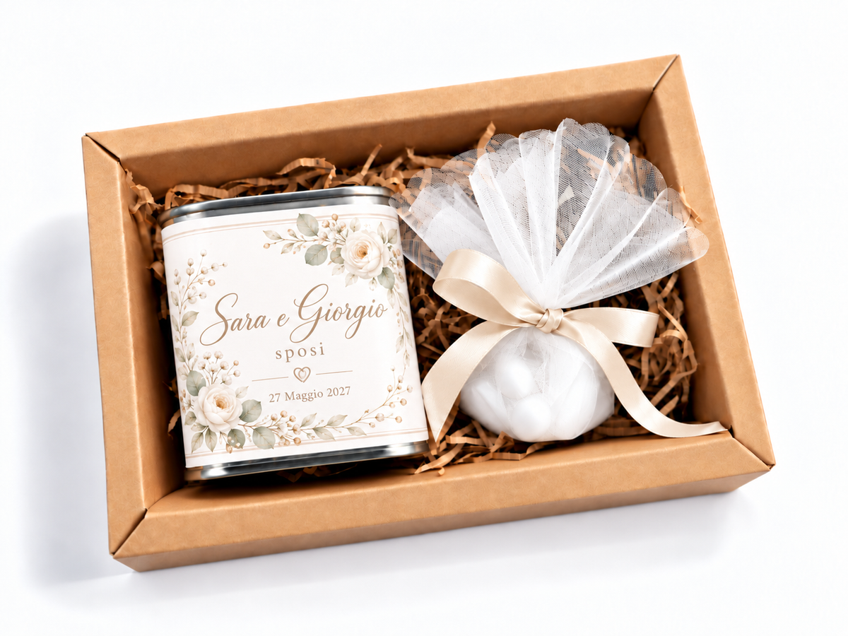 Bomboniera Cofanetto con Latta di Olio EVO Pugliese da 175ml o 250ml con etichetta personalizzabile con confetti