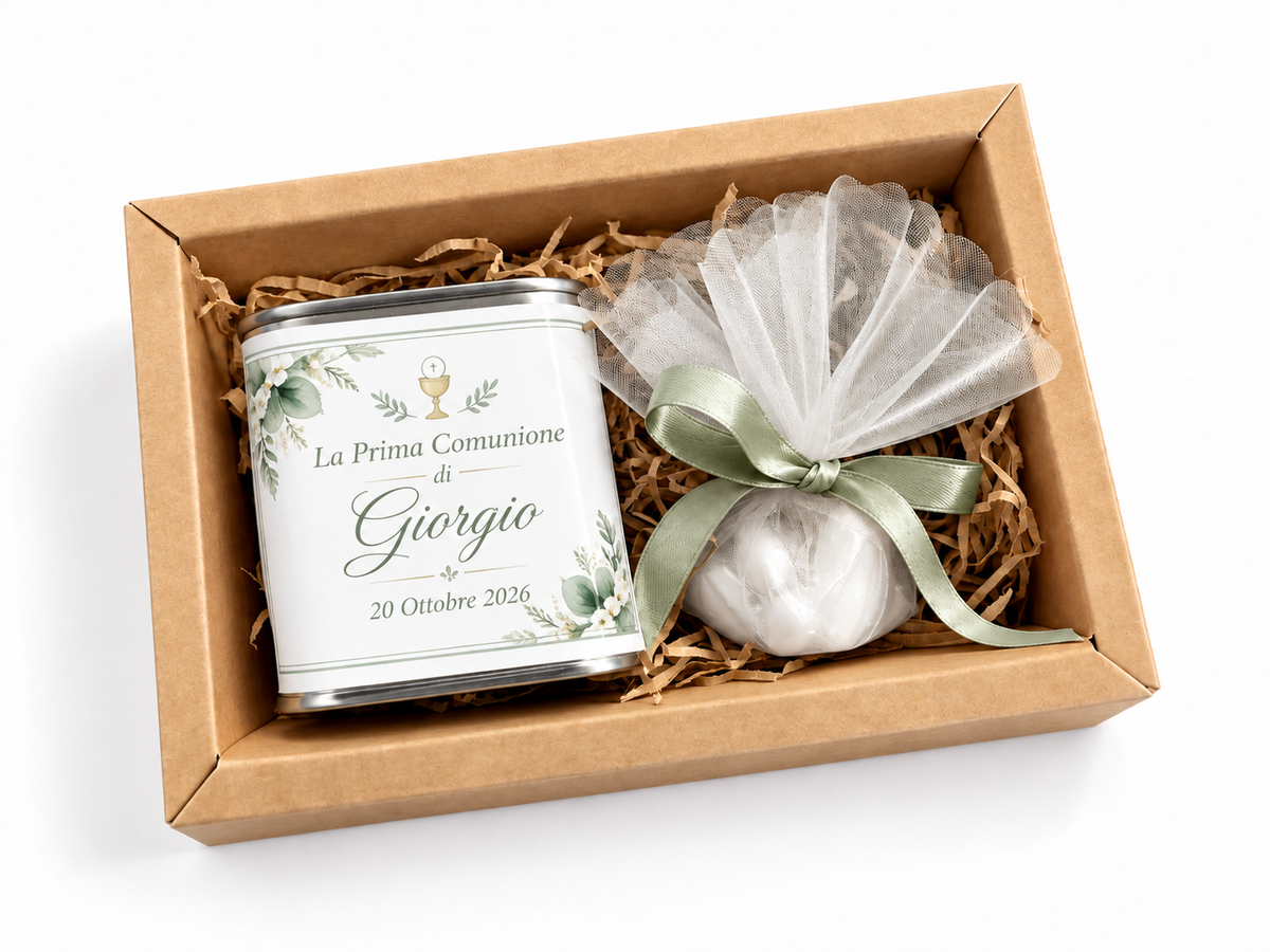 Bomboniera Cofanetto con Latta di Olio EVO Pugliese da 175ml o 250ml con etichetta tema Comunione