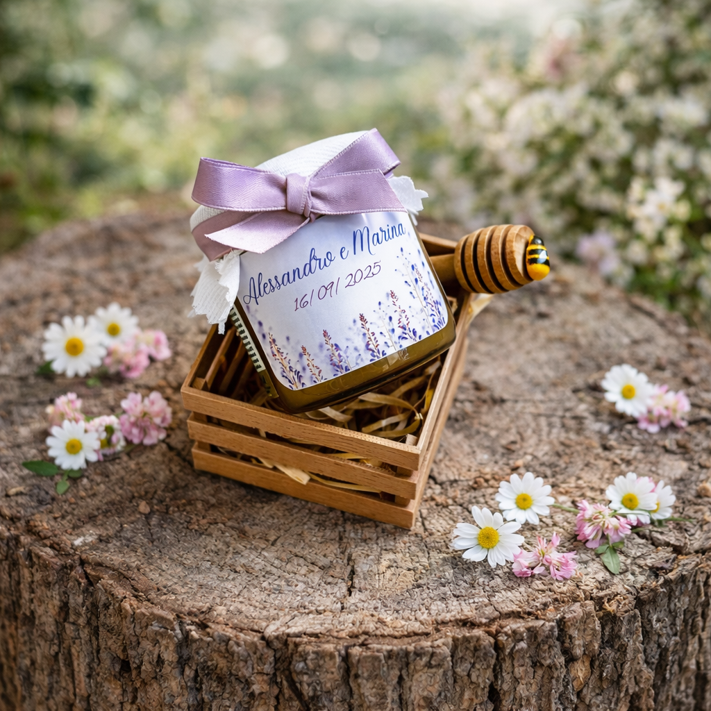 Bomboniera Matrimonio Miele millefiori artigianale 50 gr-140gr-250 gr in Cassettina 3D