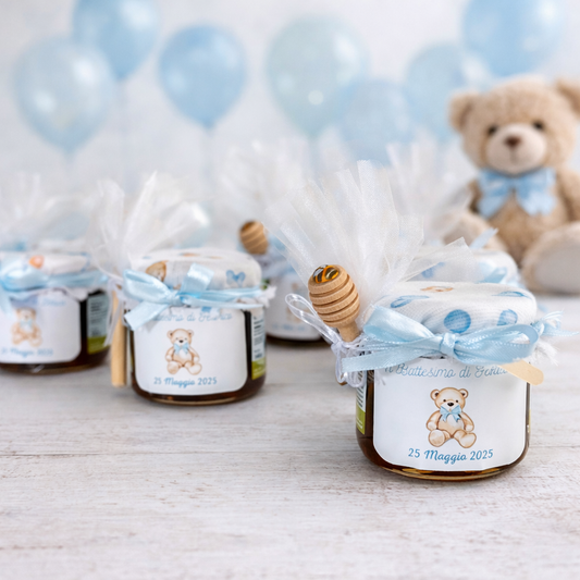 Bomboniere Battesimo Barattolino Miele millefiori artigianale 50gr - 140gr -250 gr a tema Orsetto