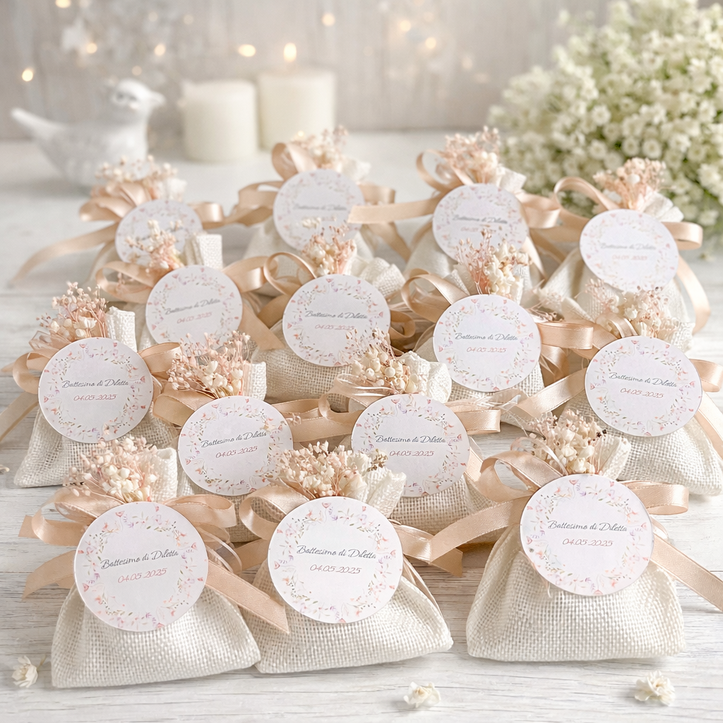 Sacchetto Confettata Battesimo, Comunione, Compleanno, Nascita con grafica personalizzabile con 5 confetti