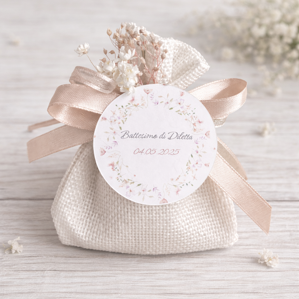 Sacchetto Confettata Battesimo, Comunione, Compleanno, Nascita con grafica personalizzabile con 5 confetti