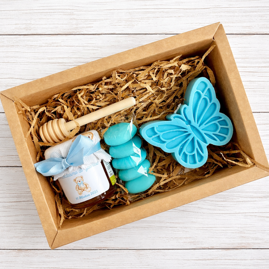 Bomboniera Battesimo cofanetto con Miele e Candela Farfalla