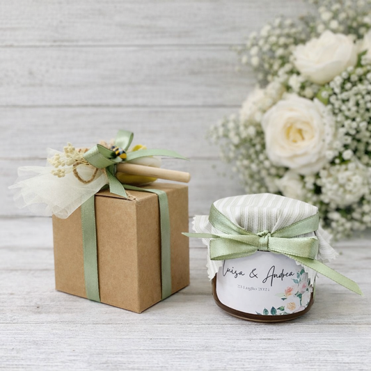 Bomboniera Matrimonio Barattolino Miele millefiori artigianale 50 gr-140gr-250gr, color verde salvia etichetta personalizzabile