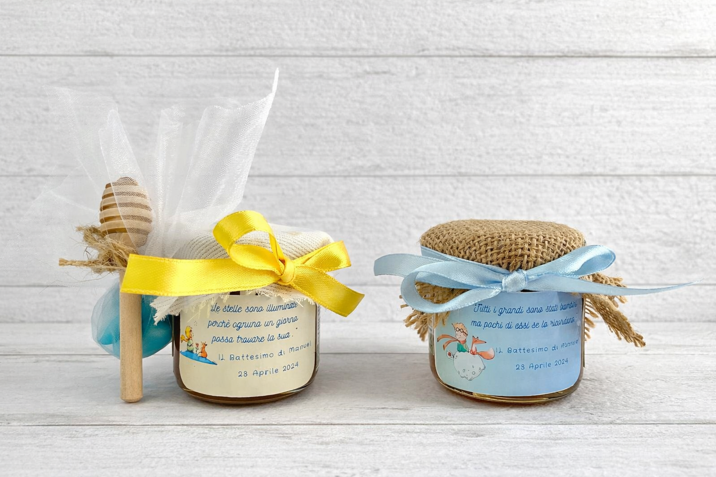 Bonbonnières Baptême Bébé PETIT PRINCE Pot de miel de fleurs sauvages artisanal 140gr - 250gr, étiquette personnalisable bleu clair