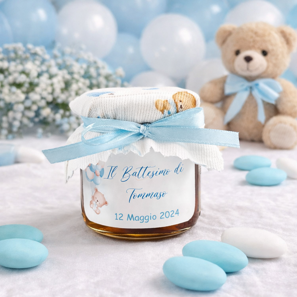 Bomboniere Battesimo Barattolino Miele millefiori artigianale 140gr -250 gr a tema Orsetto