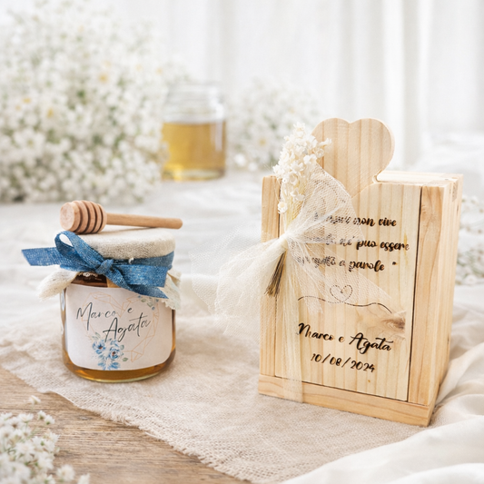 Cassettina in Legno per Matrimonio Barattolino Miele Millefiori - Acacia - Castagno artigianale 250gr