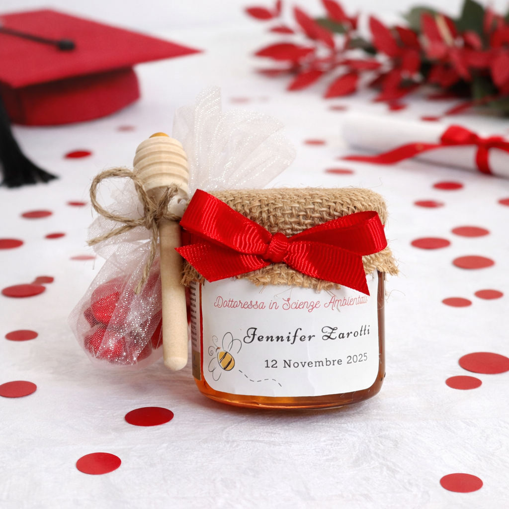 Bomboniera Laurea Barattolino Miele millefiori artigianale 50 gr-140gr, color rosso etichetta personalizzabile