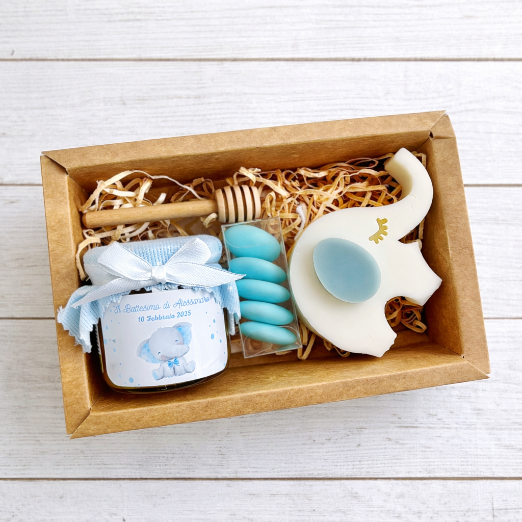 Bonbonnière de baptême dans un coffret thème Petit Prince avec miel 140g et bougie nuage parfumée ou dosettes brûlantes d'essence