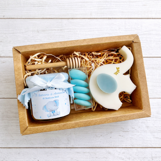 Bonbonnière de baptême dans un coffret thème Petit Prince avec miel 140g et bougie nuage parfumée ou dosettes brûlantes d'essence