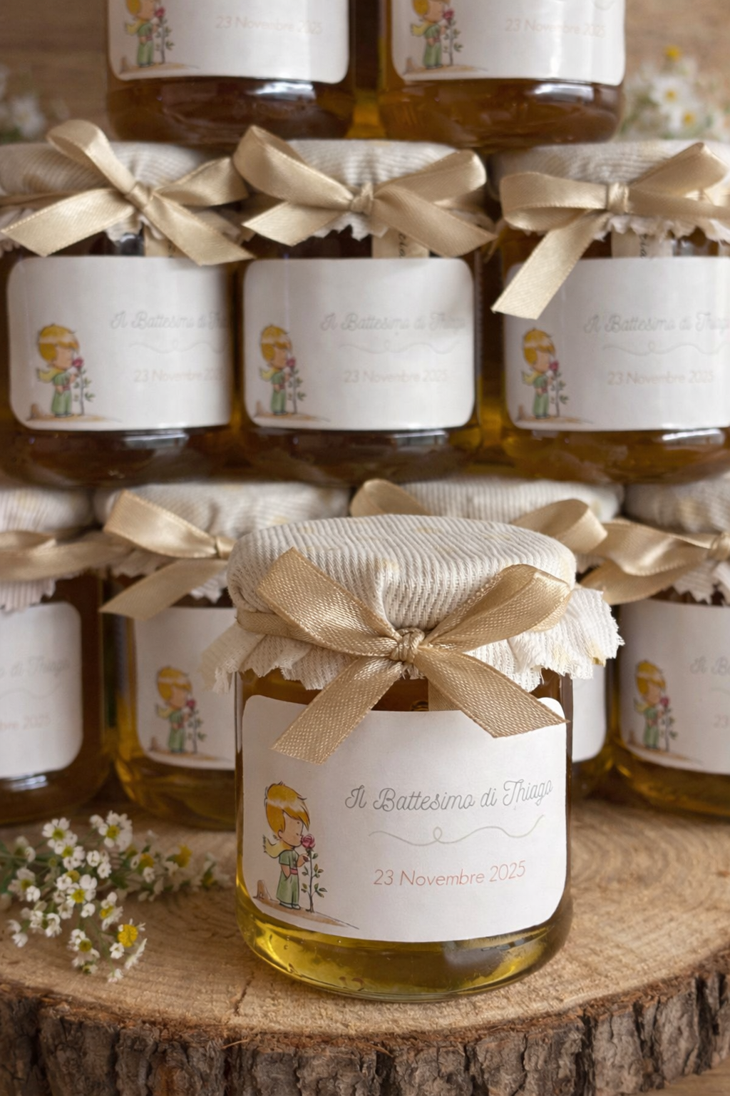 Wooden Box LITTLE PRINCE Theme for Baptism Jar of Millefiori Honey - Acacia - Chestnut handcrafted 250gr